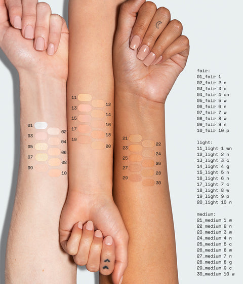 sweetener concealer - arm swatch shades fair: 01_fair 1., 02_fair 2n, 03_fair 3c, 04_fair 4cn, 05_fair 5w, 06_fair 6n, 07_fair 7w, 08_fair 8w, 09_fair 9n, 10_fair 10p; light: 11_light 1wn, 12_light 2n, 13_light 3c, 14_light 4g, 15_light 5n, 16_light 6n, 17_light 7c, 18_light 8w, 19_light 9p, 20_light 10n; medium: 21_medium 1w, 22_medium 2n, 23_medium 3w, 24_medium 4n, 25_medium 5c, 26_medium 6w, 27_medium 7n, 28_medium 8g, 29_medium 9c, 30_medium 10w