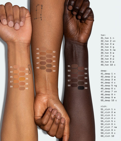 sweetener concealer - arm swatch shades tan: 31_tan 1n, 32_tan 2cn, 33_tan 3w, 34_tan 4g, 35_tan 5nw, 36_tan 6w, 37_tan 7g, 38_tan 8p, 39_tan 9w, 40_tan 10c; deep: 41_deep 1n, 42_deep 2g, 43_deep 3w, 44_deep 4c, 45_deep 5ng, 46_deep 6c, 47_deep 7cn, 48_deep 8n, 49_deep 9w, 50_deep 10c; rich: 51_rich 1n, 52_rich 2w, 53_rich 3n, 54_rich 4c, 55_rich 5c, 56_rich 6n, 57_rich 7nw, 58_rich 8n, 59_rich 9c, 60_rich 10.