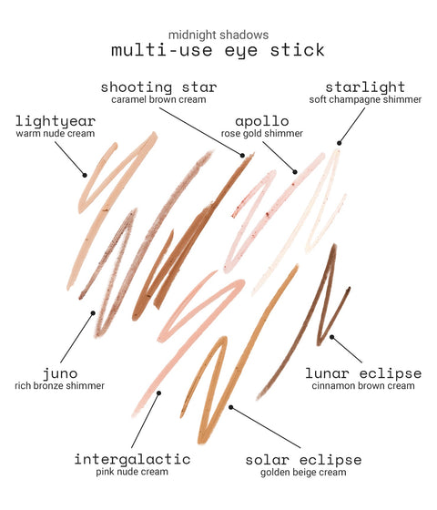 midnight shadows multi-use eye stick - group smear (clockwise): lightyear - warm nude cream, shooting star - caramel brown cream, apollo - rose gold shimmer, starlight - soft champagne shimmer, lunar eclipse - cinnamon brown cream, solar eclipse - golden beige cream, intergalactic - pink nude cream, juno - rich bronze shimmer