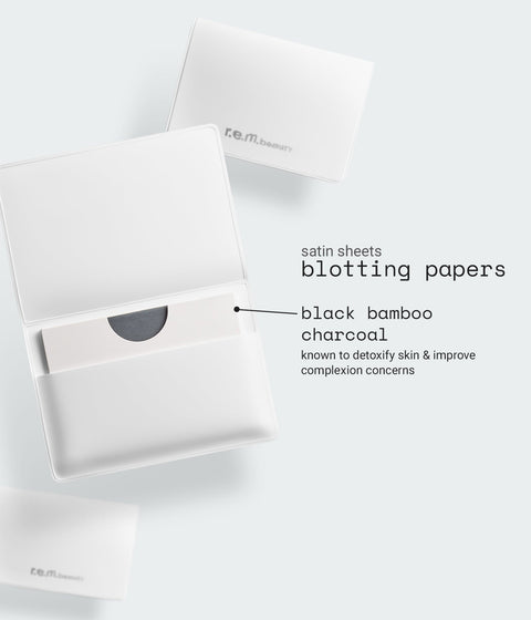 satin sheets blotting papers - infographic: black bamboo charcoal - known to detoxify skin & improve complexion concerns.